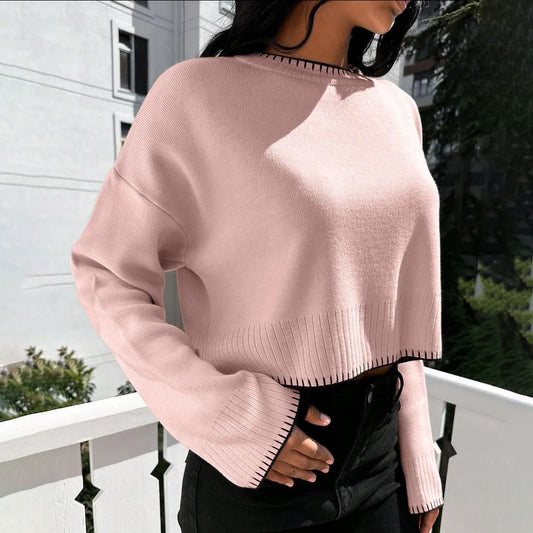 High-waisted Color-block Loose-fitting Cropped Pullover Knit Sweater