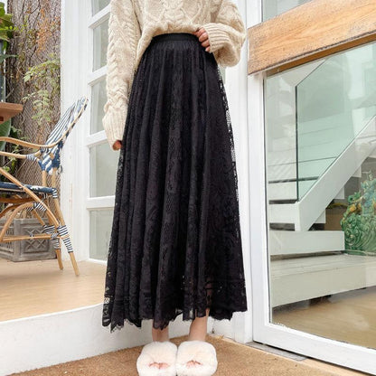 Womens Lace Full-Flared Midi Skirt