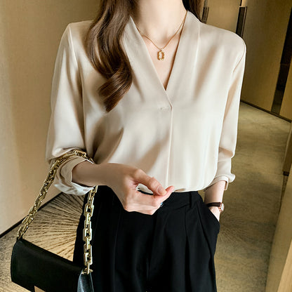 Autumn New Korean-style All-match V-neck Slimming Long-sleeve