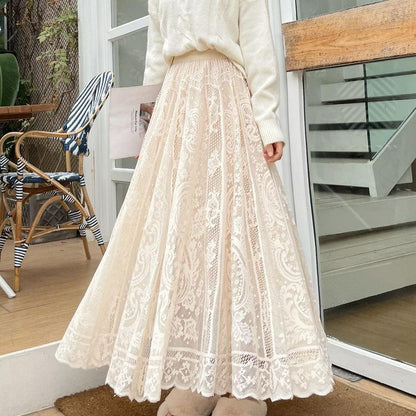 Womens Lace Full-Flared Midi Skirt